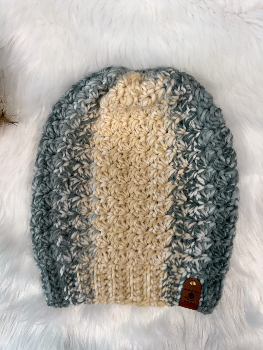 Handmade Chunky Crochet Beanie - Cream and Gray